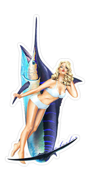 MARILYN WITH A BLUE MARLIN PINUP STICKER